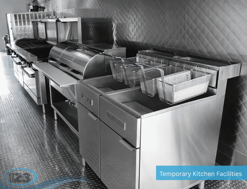 Commercial frying equipment beneath an exhaust hood