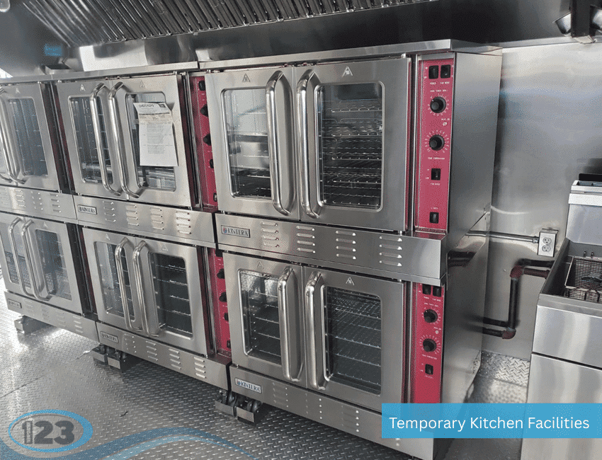 Stacked commercial ovens in a stainless-steel kitchen