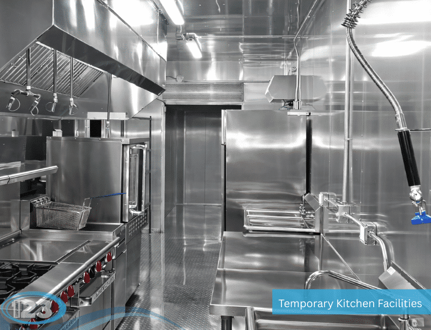 Commercial kitchen interior with stainless-steel equipment and work areas