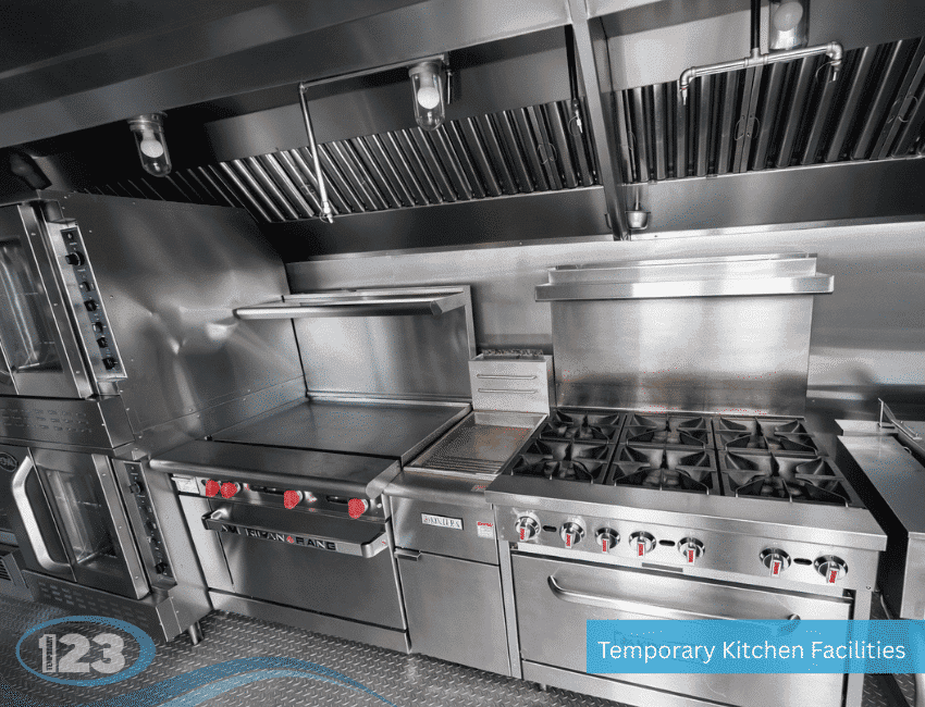 Commercial range and cooking equipment beneath a ventilation hood